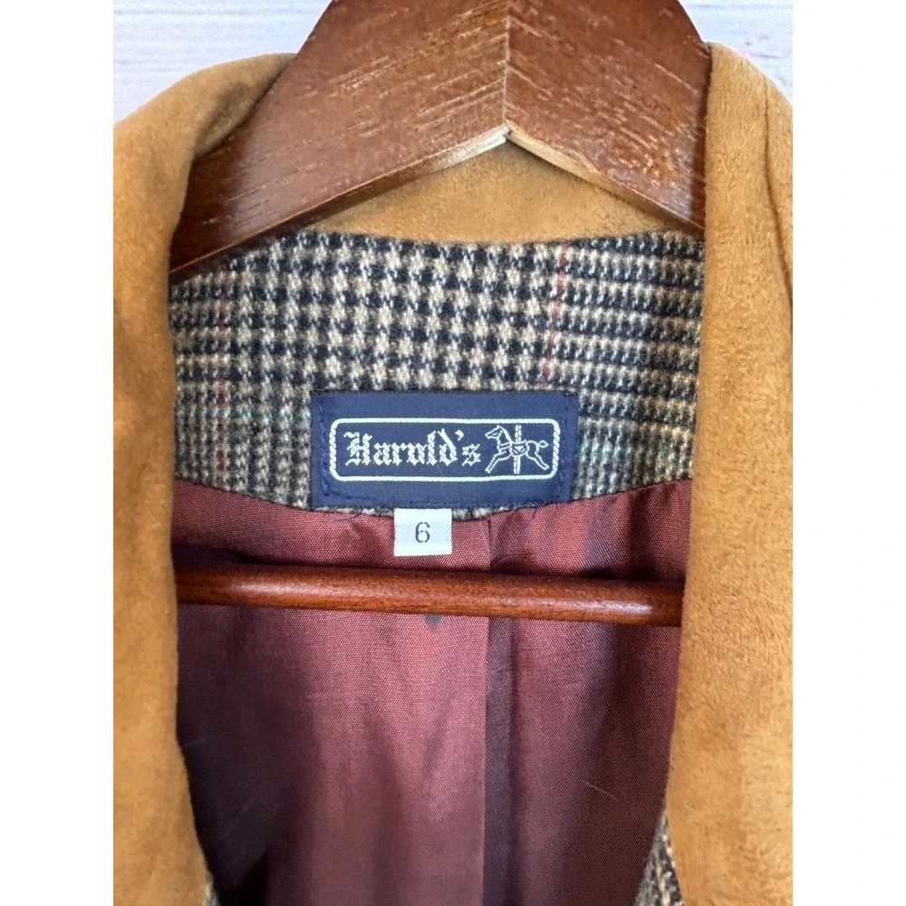 Vintage Plaid Wool Blazer 6 Suede Collar Brown‎ Double Breasted Preppy Clueless - Picture 7 of 12